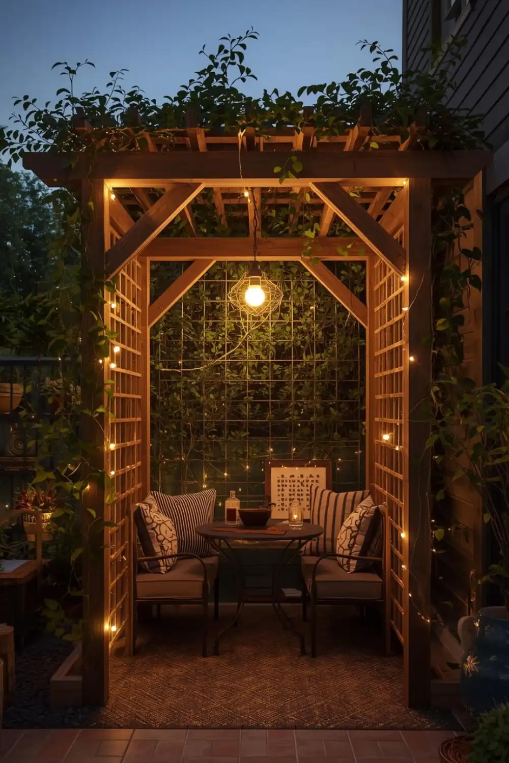 Cozy outdoor pergola with lights and seating