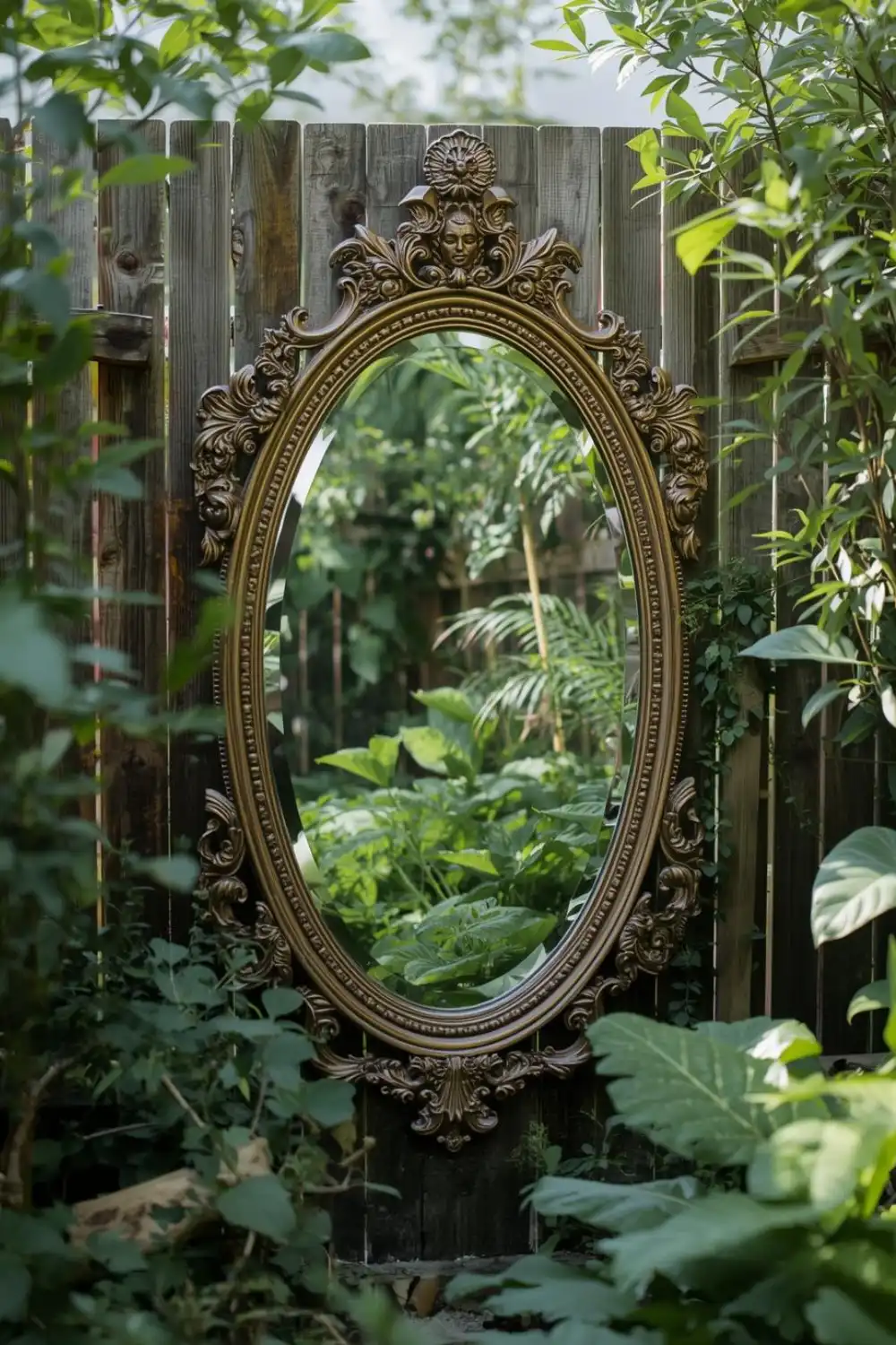 Ornate mirror reflecting lush green garden