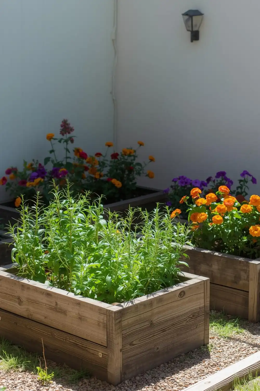 Raised garden beds with vibrant flowers and herbs.