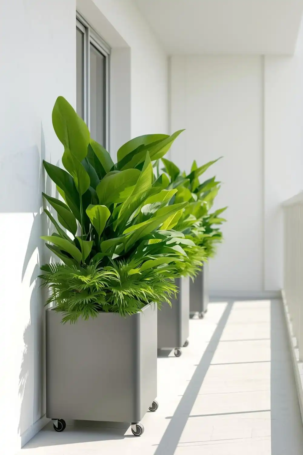 Green plants in gray wheeled pots on balcony