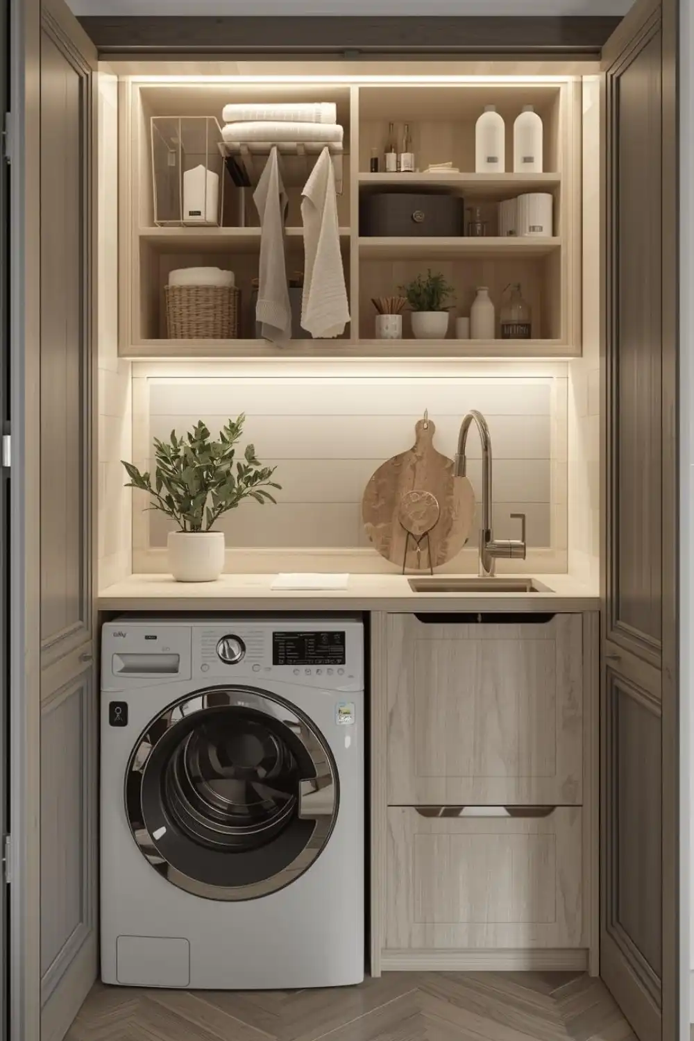 Modern laundry room with compact washer and sink