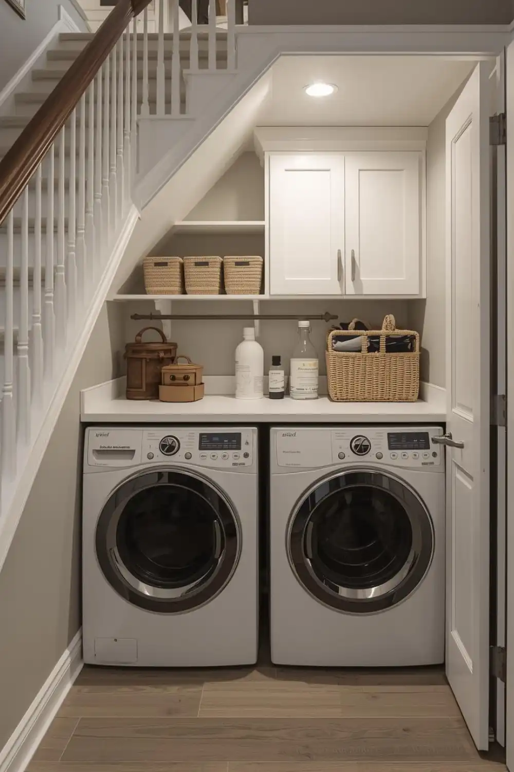 Compact laundry area with washer and dryer under stairs.