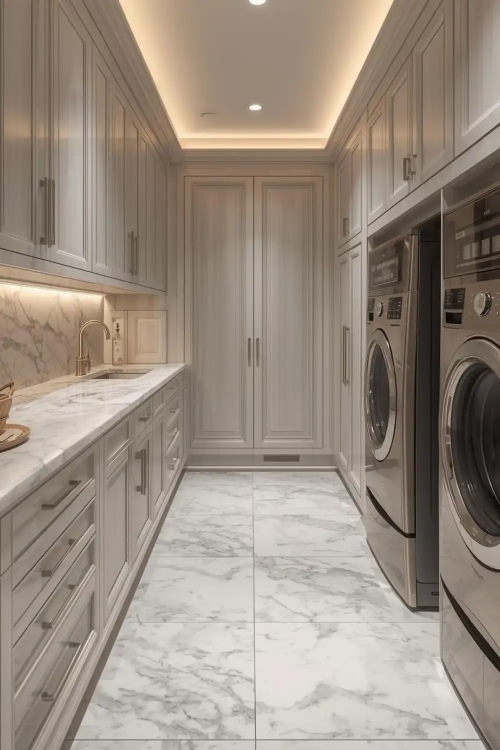 Elegant modern laundry room with marble countertops.