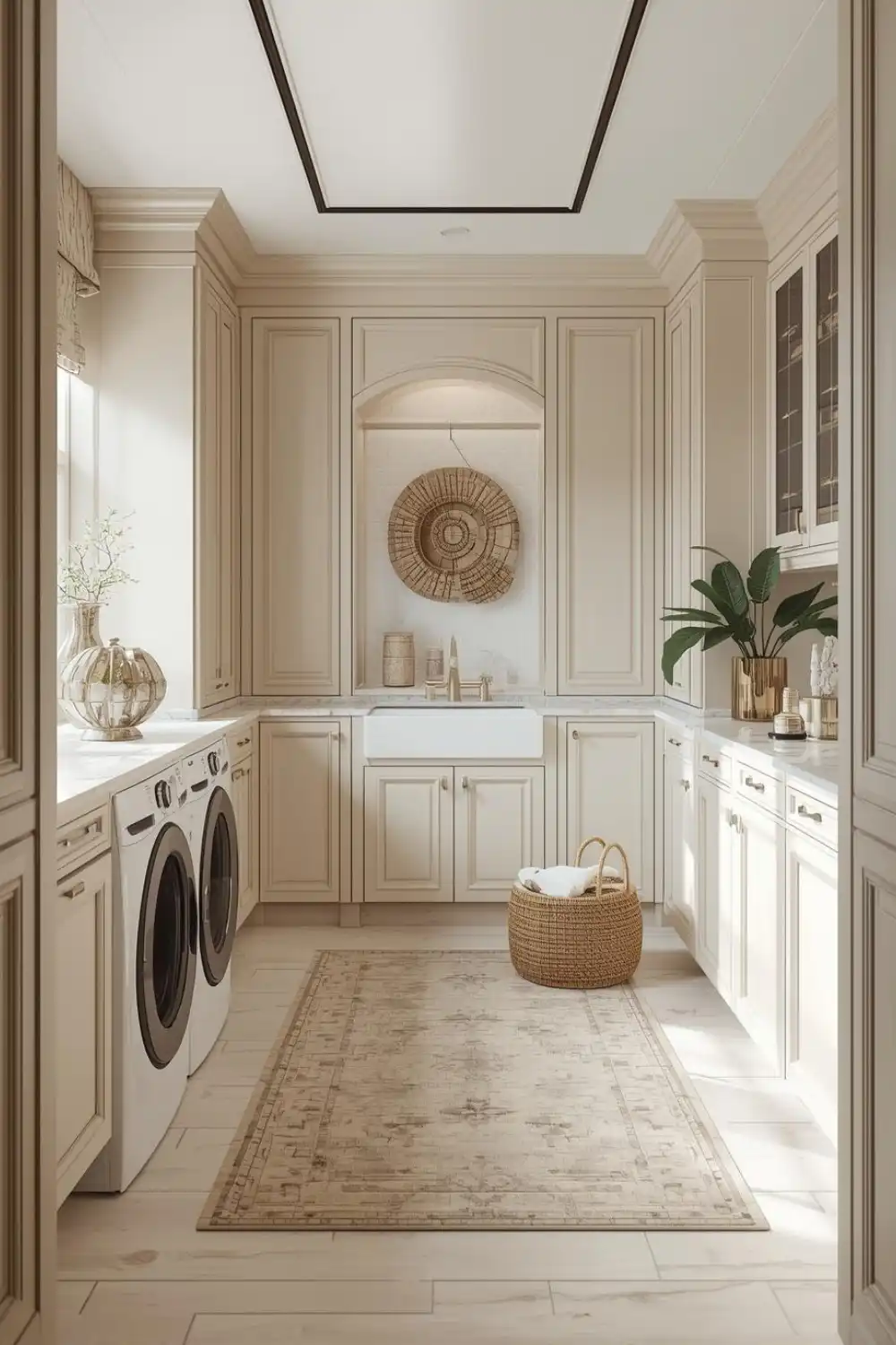 Elegant laundry room with washing machines and basket