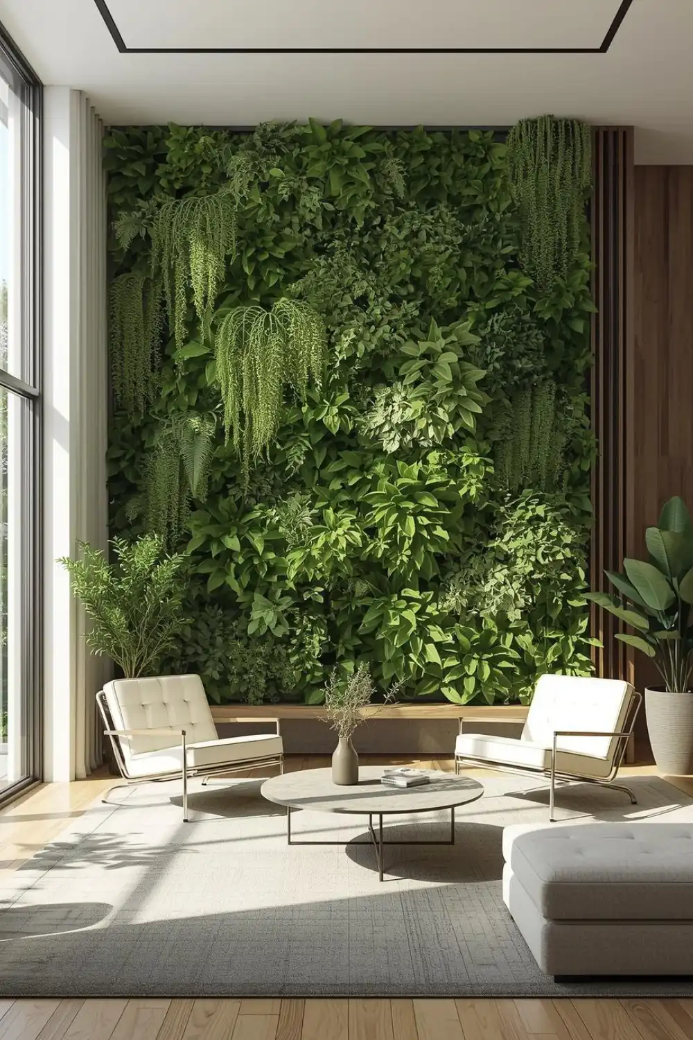 Modern living room with vertical garden wall.
