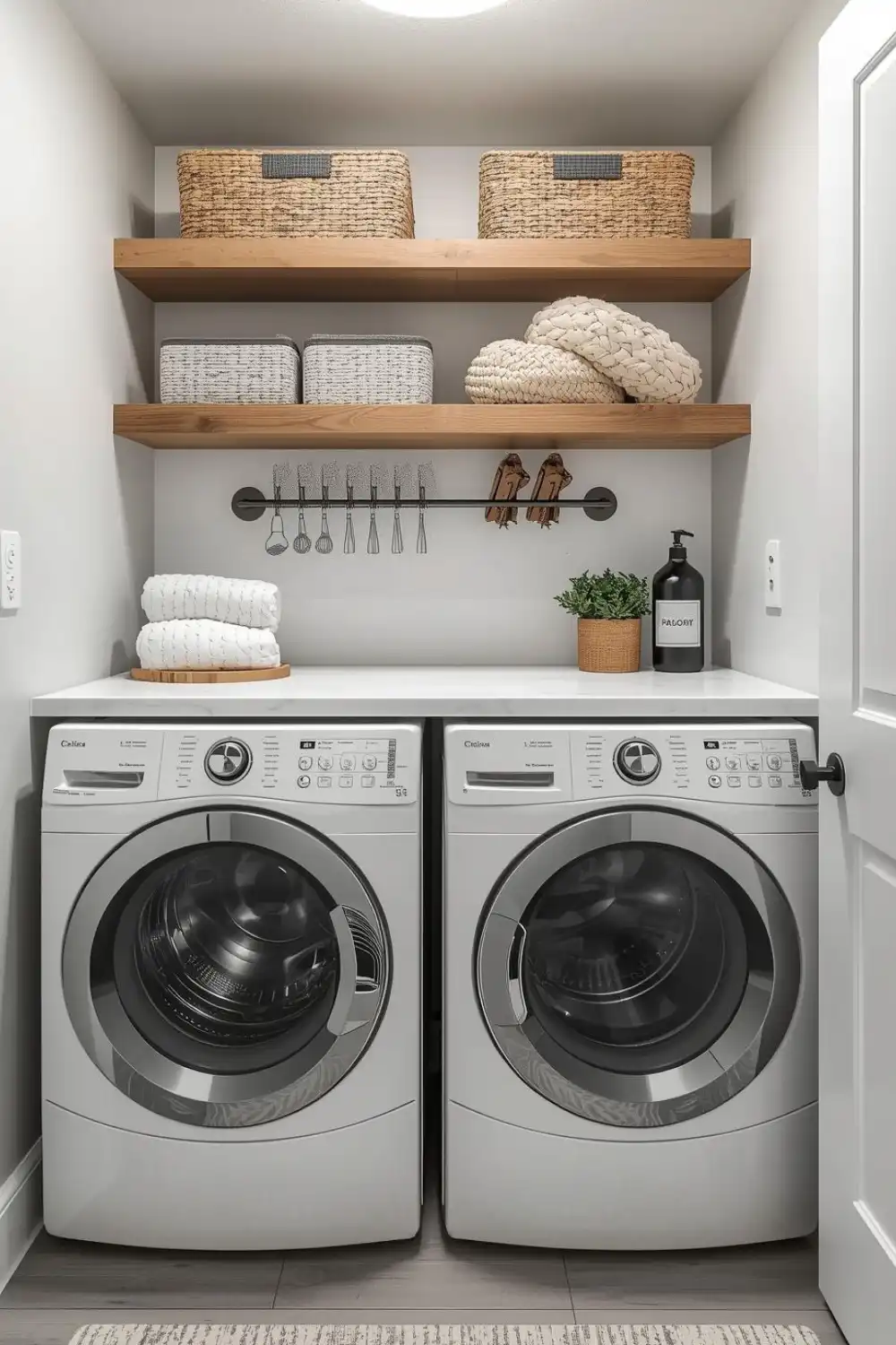 Modern laundry room with washer, dryer, shelves.