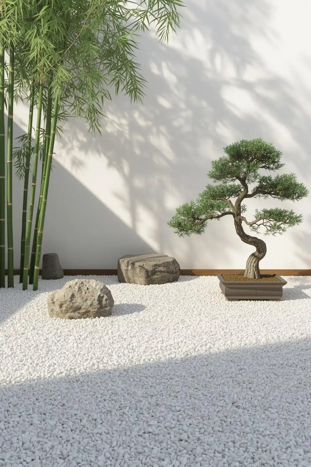 Japanese garden with bonsai and bamboo