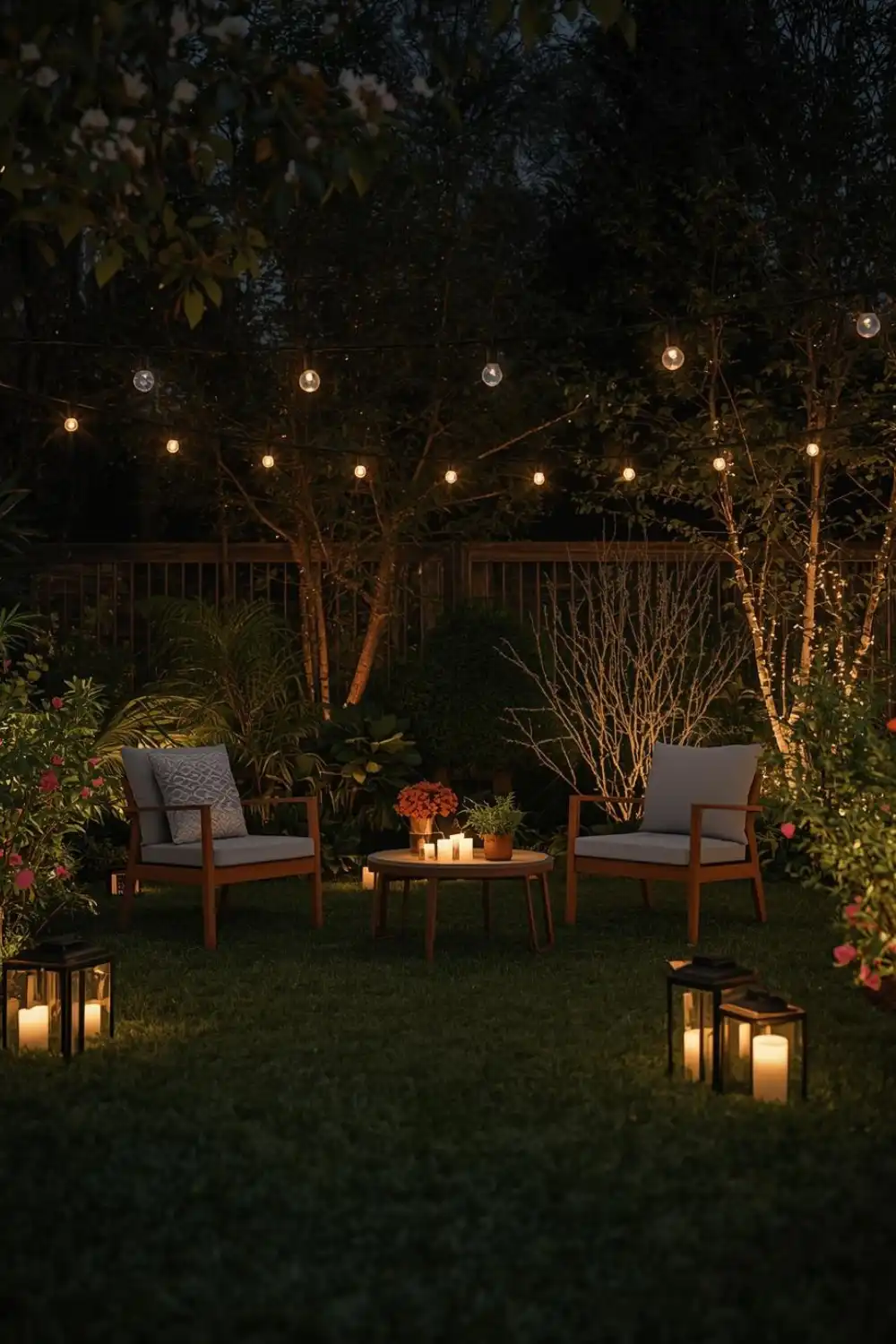 Cozy garden at night with lanterns and chairs.
