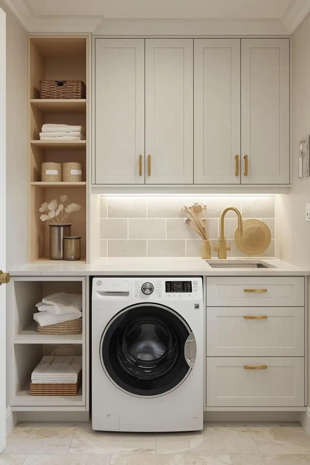 Modern laundry room with washing machine and cabinets.