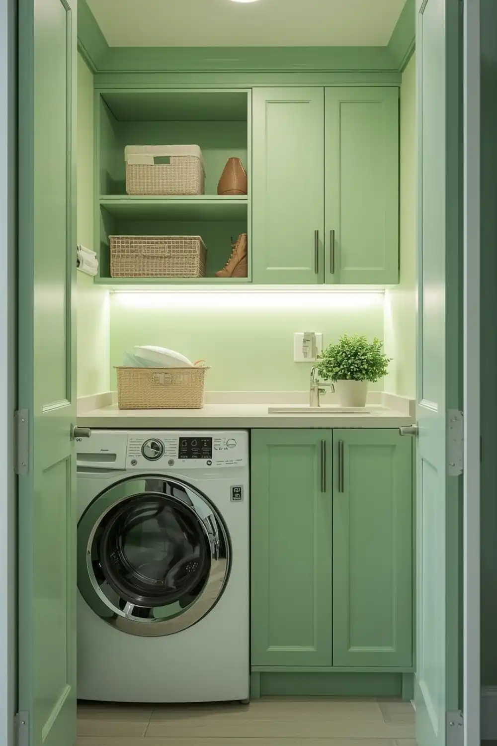 Modern laundry room with green cabinets.