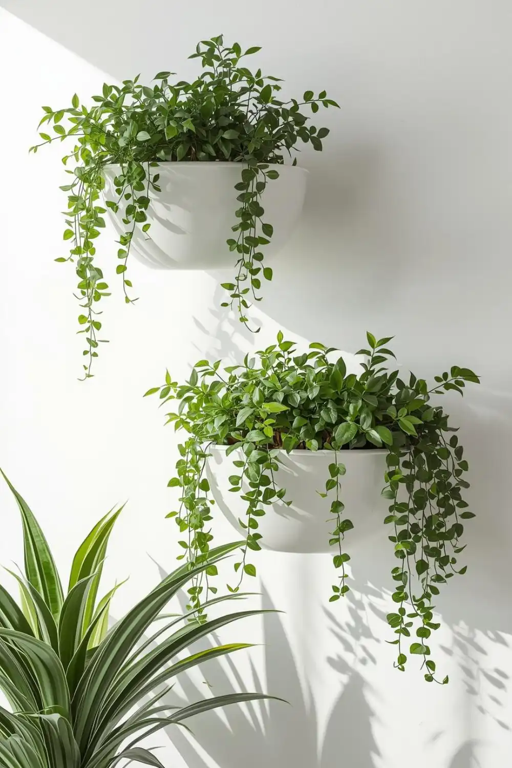 Wall-mounted green plants in white pots, sunlight.