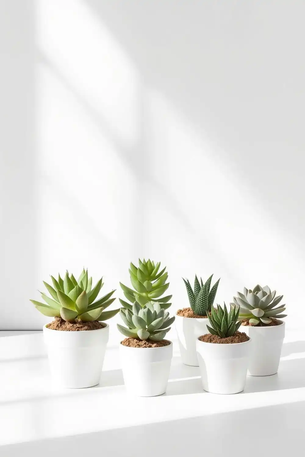 Minimalist potted succulents on white surface in sunlight.