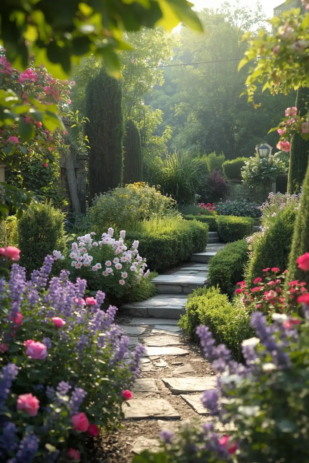 Lush garden pathway with colorful flowers and shrubs.