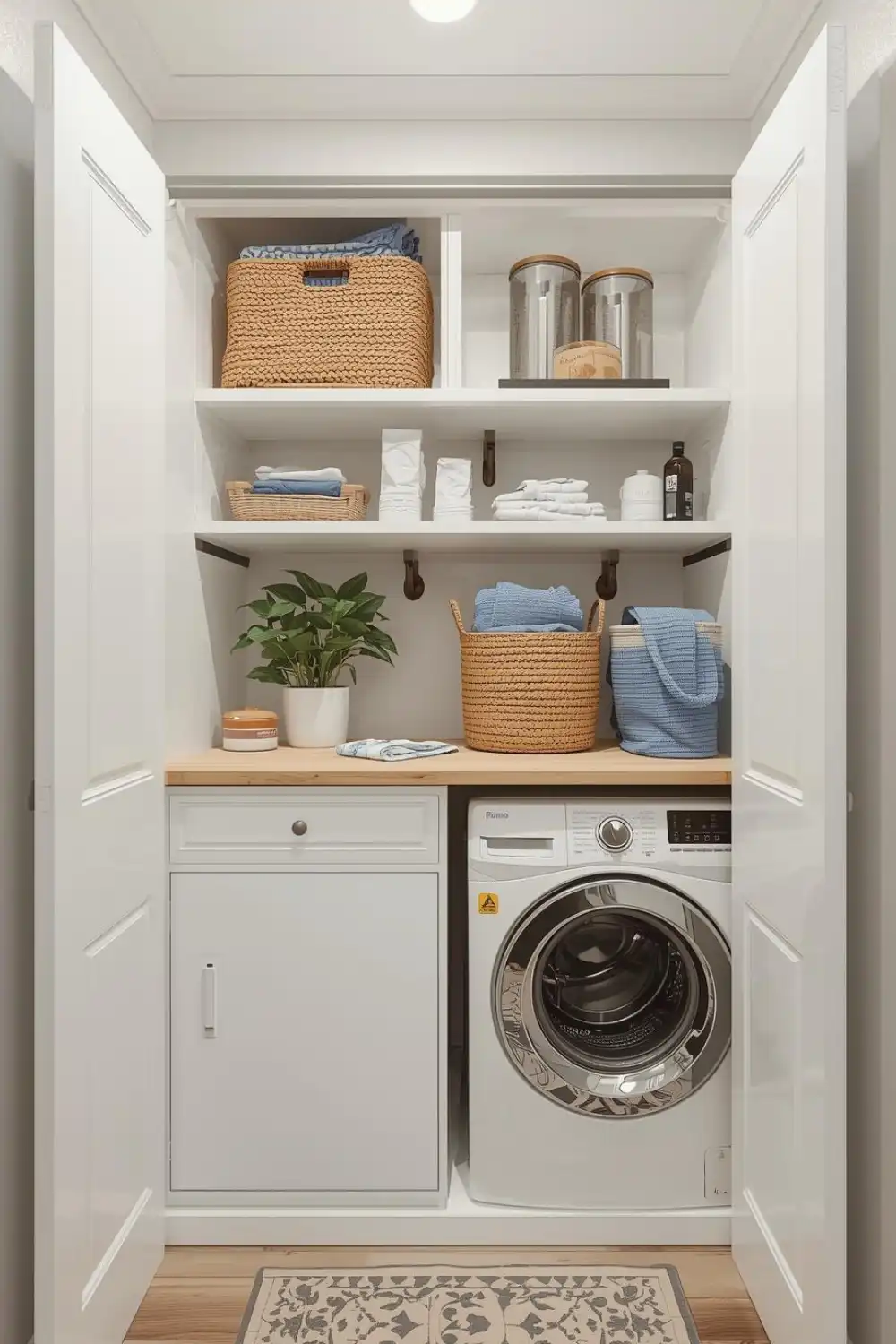 Organized laundry nook with shelves and machine.