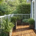 Sunny deck with potted plants and trees.