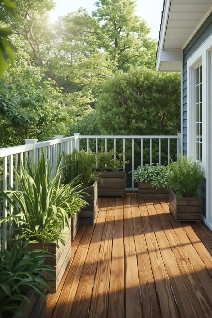 Sunny deck with potted plants and trees.