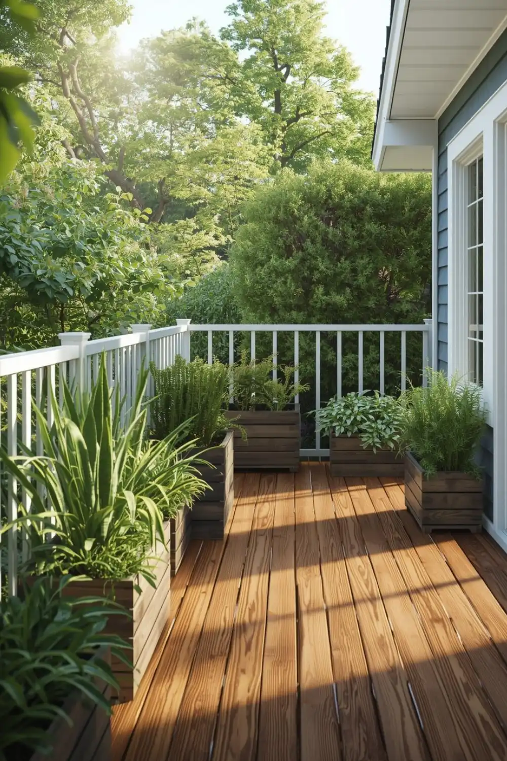 Sunny deck with potted plants and trees.