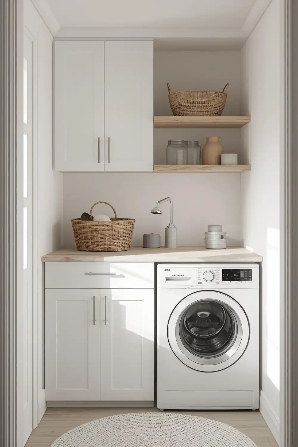 Small laundry room with washer and white cabinets.