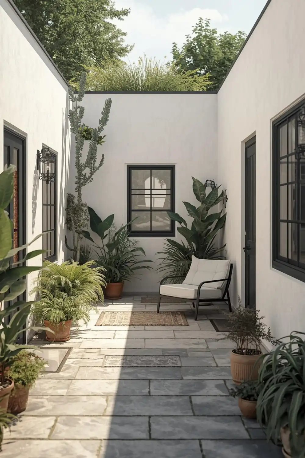 Peaceful patio with plants and chair.