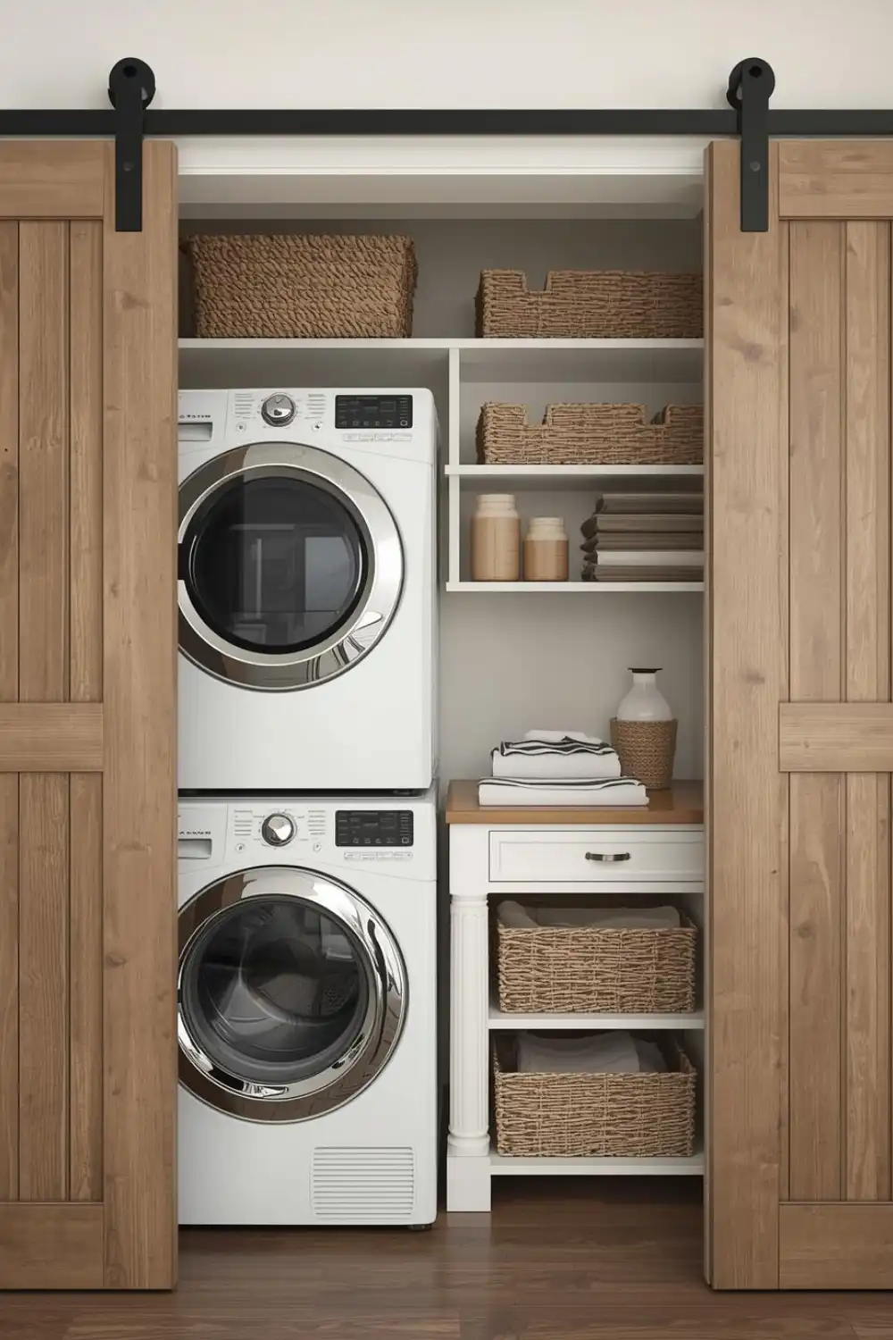 Laundry room with stacked washer, dryer, storage baskets.