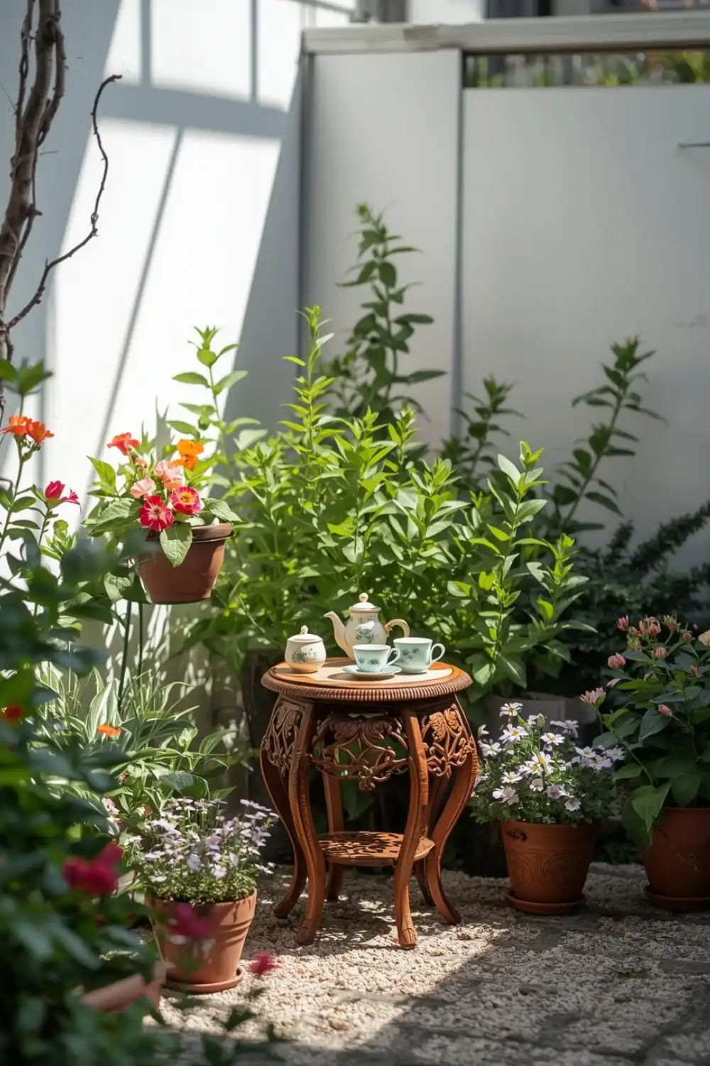 Cozy garden tea setup with flowers and table.