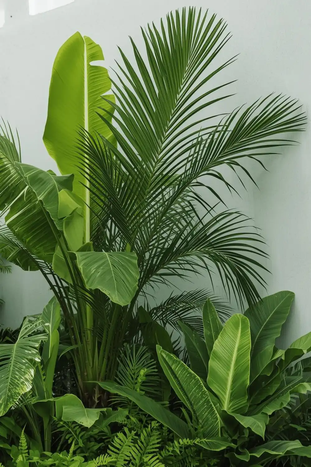 Lush tropical plants against white wall