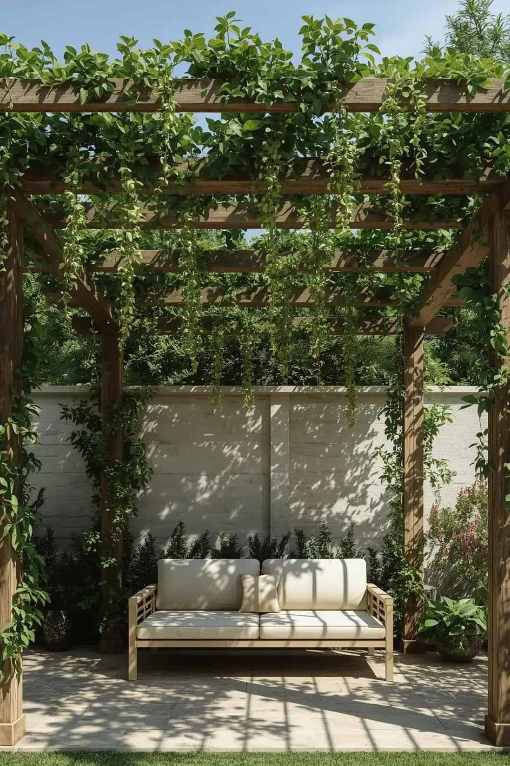 Garden pergola with lush greenery and sofa