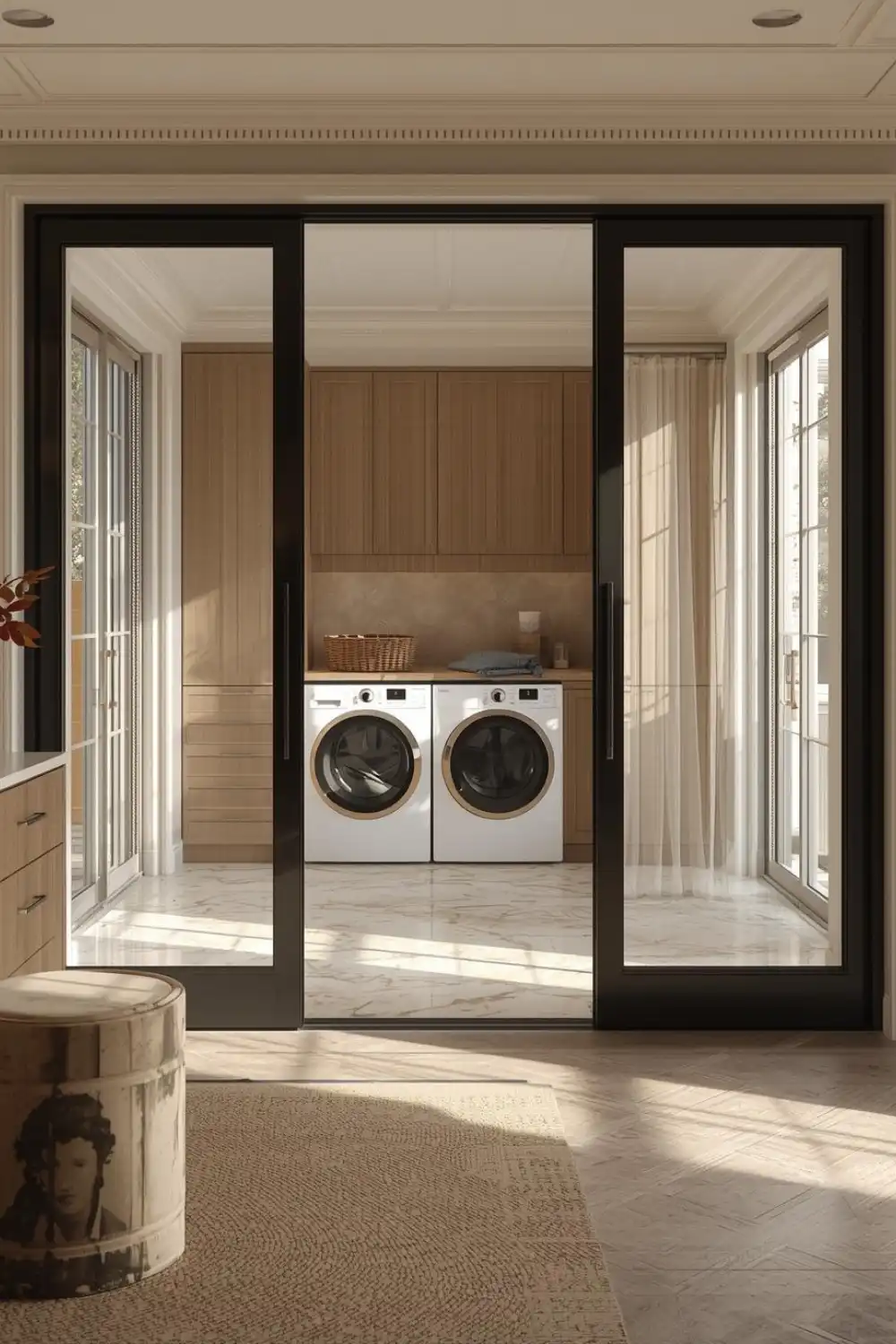 Modern laundry room with sliding glass doors.