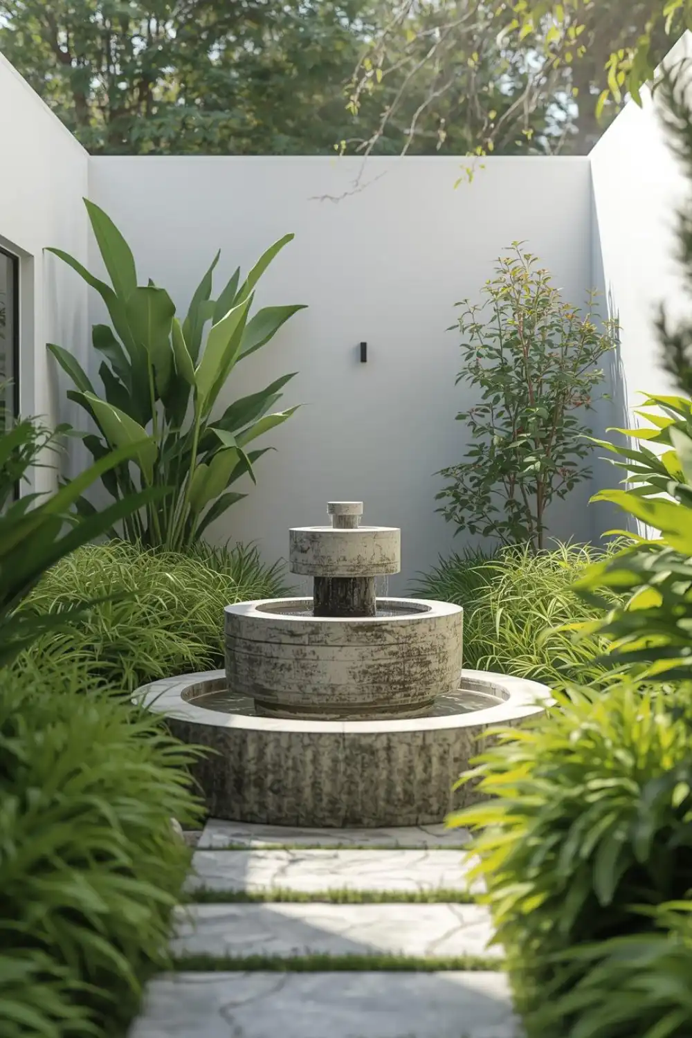 Modern garden with stone fountain and lush greenery.