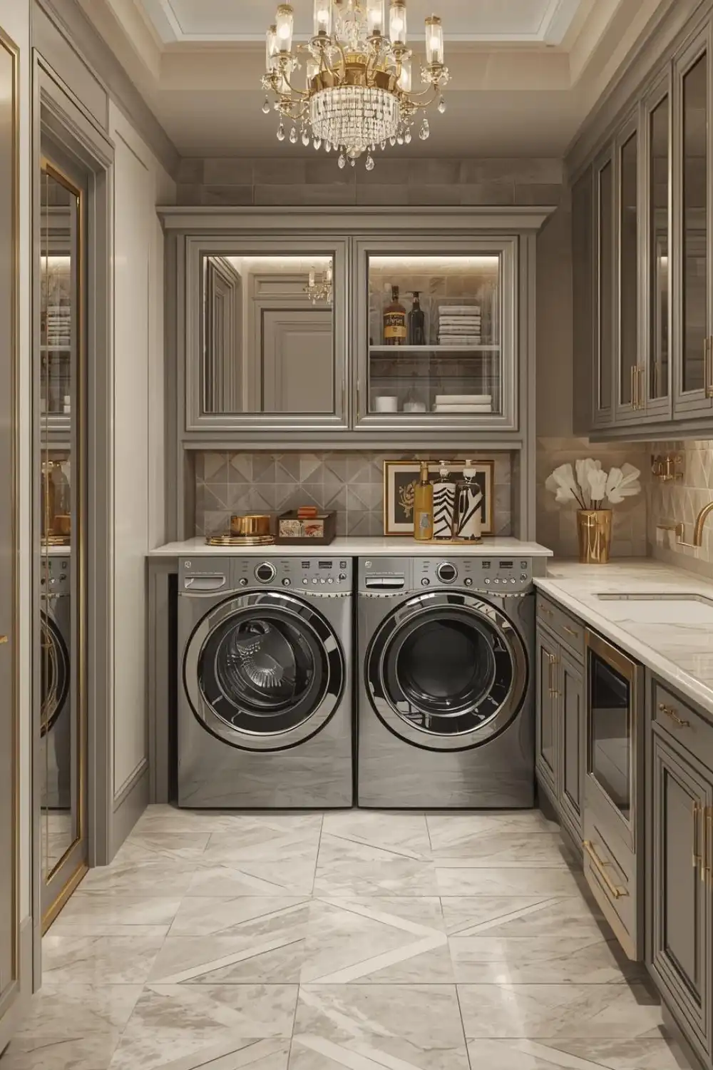 Luxury laundry room with washer and dryer pair