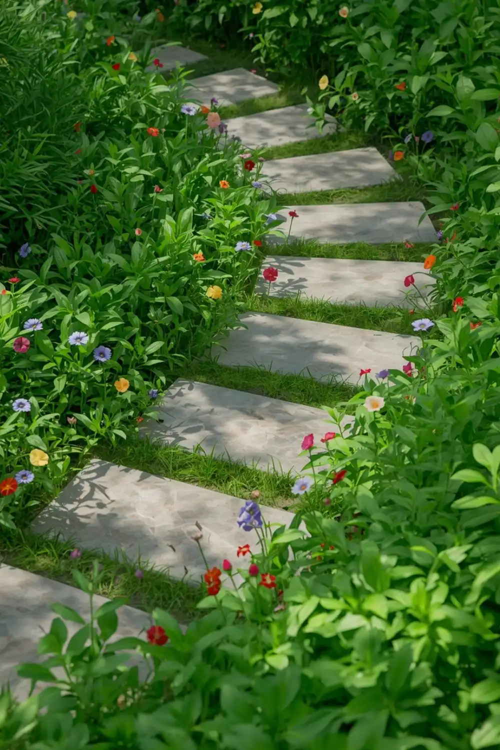 Garden path with colorful flowers and greenery.