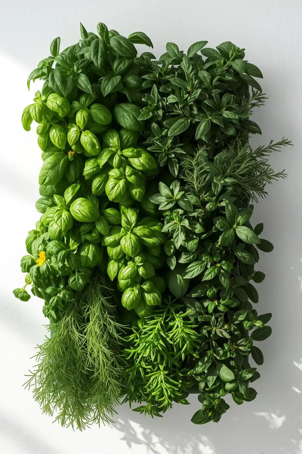 Vertical herb garden with various fresh green leaves.
