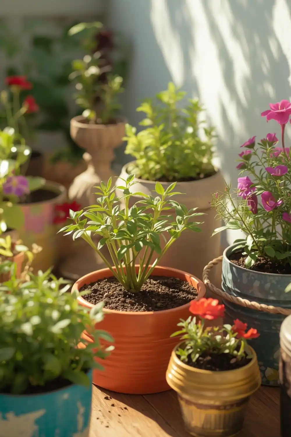 Sunlit potted plants with colorful blooms on patio.