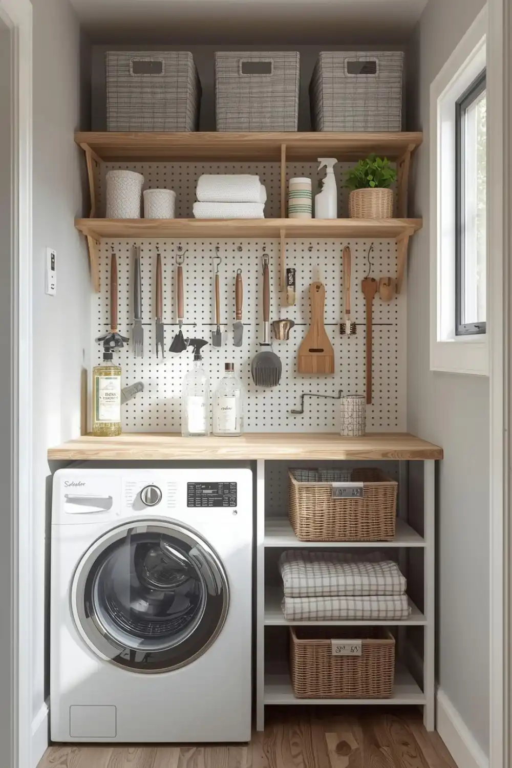 Organized laundry room with shelves and tools.