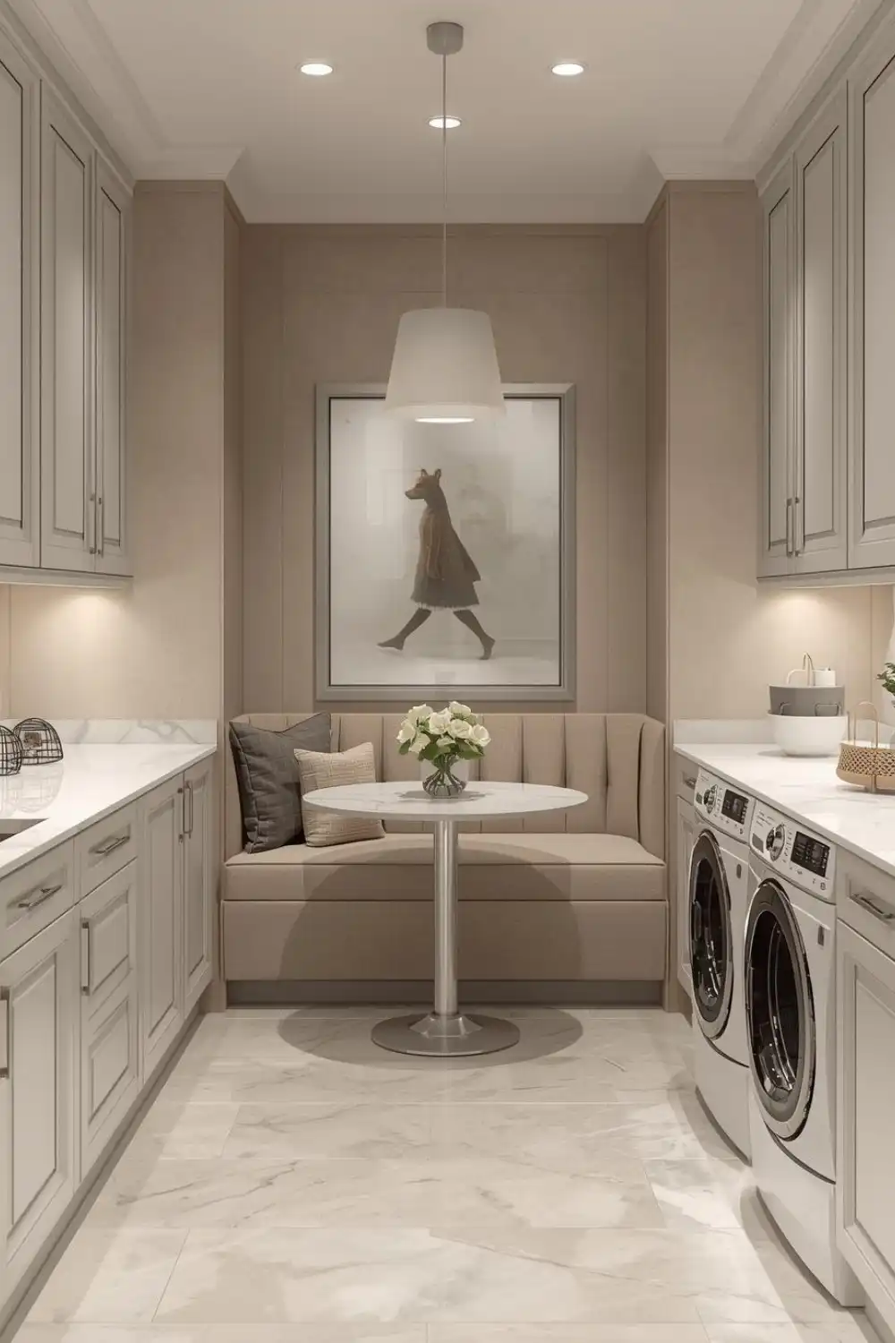 Modern laundry room with seating and decor.