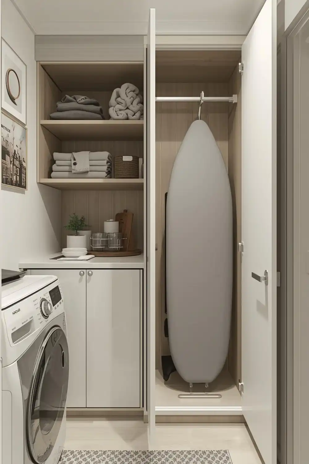 Modern laundry room with ironing board storage