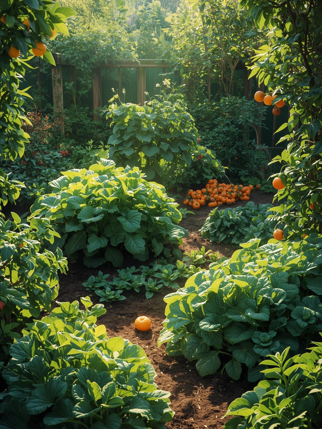 Lush garden with pumpkins and oranges in sunlight.
