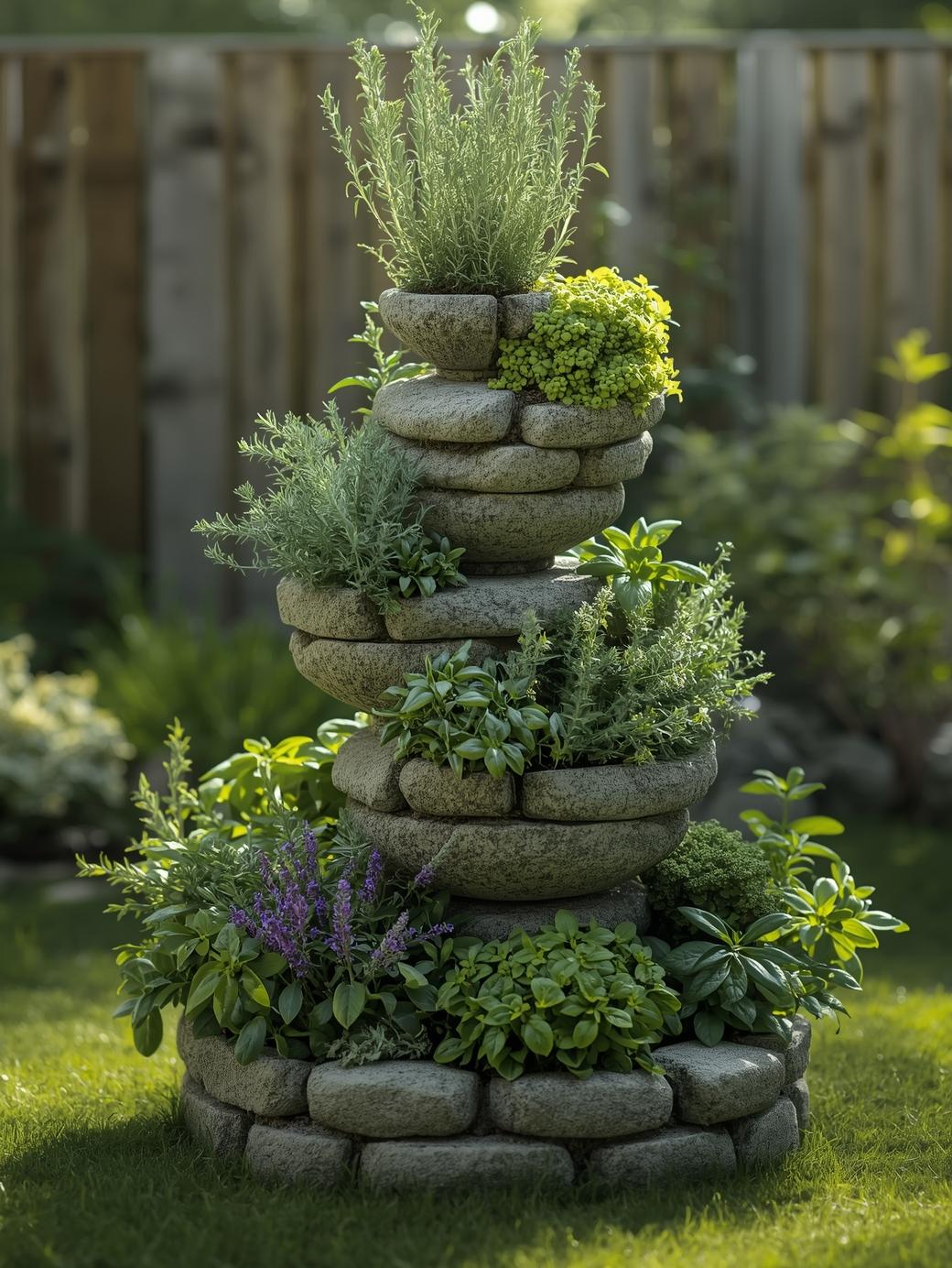 Tiered stone planter with green plants and flowers.