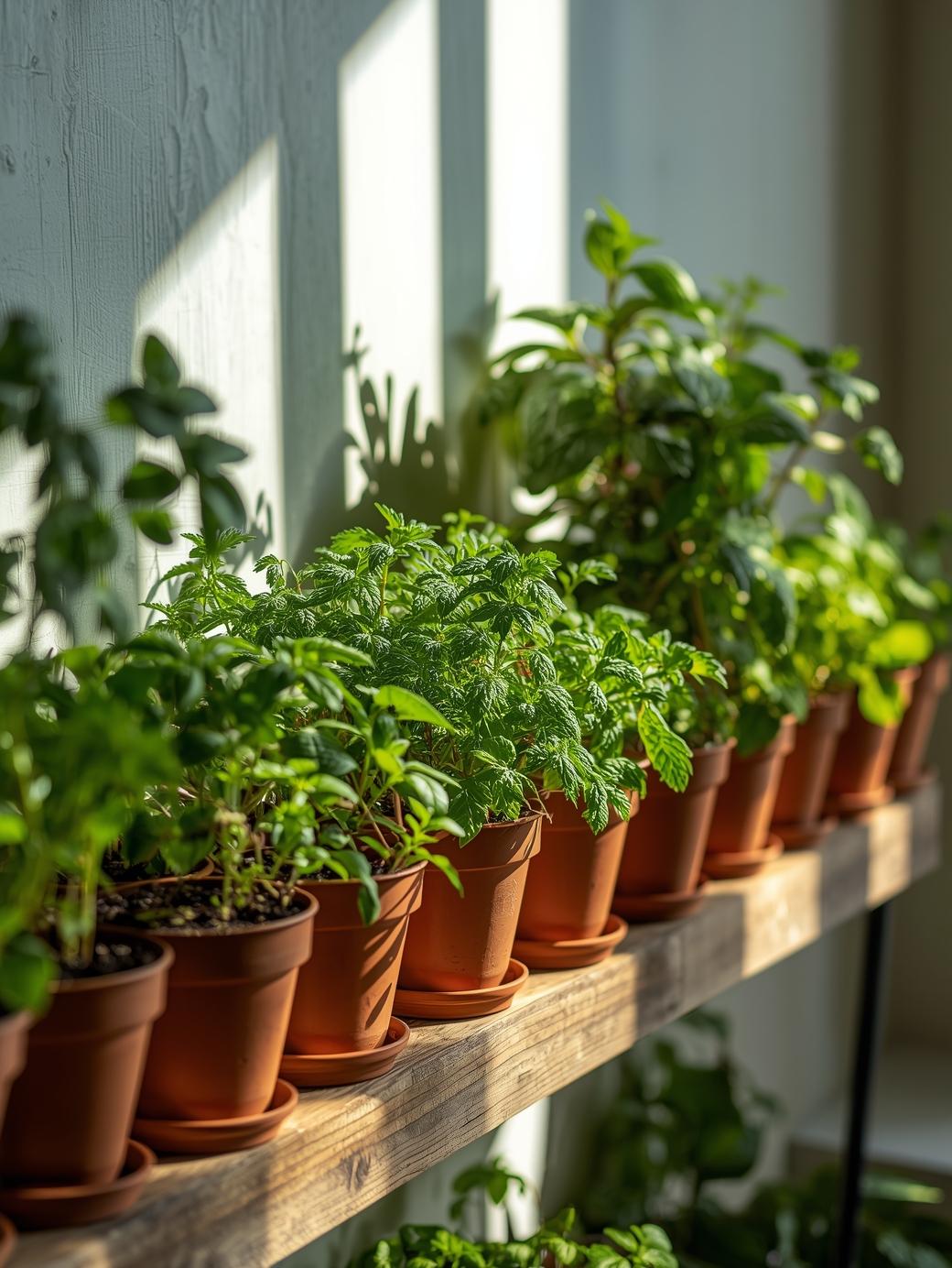 Sunlit potted plants on a wooden shelf