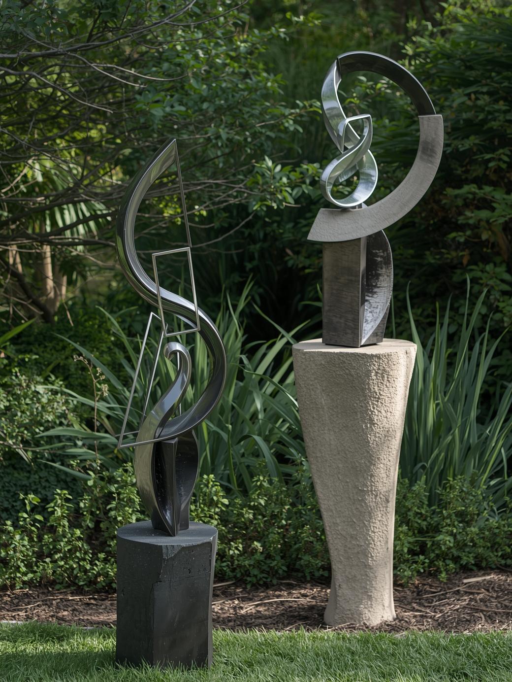 Modern metal sculptures in a garden setting