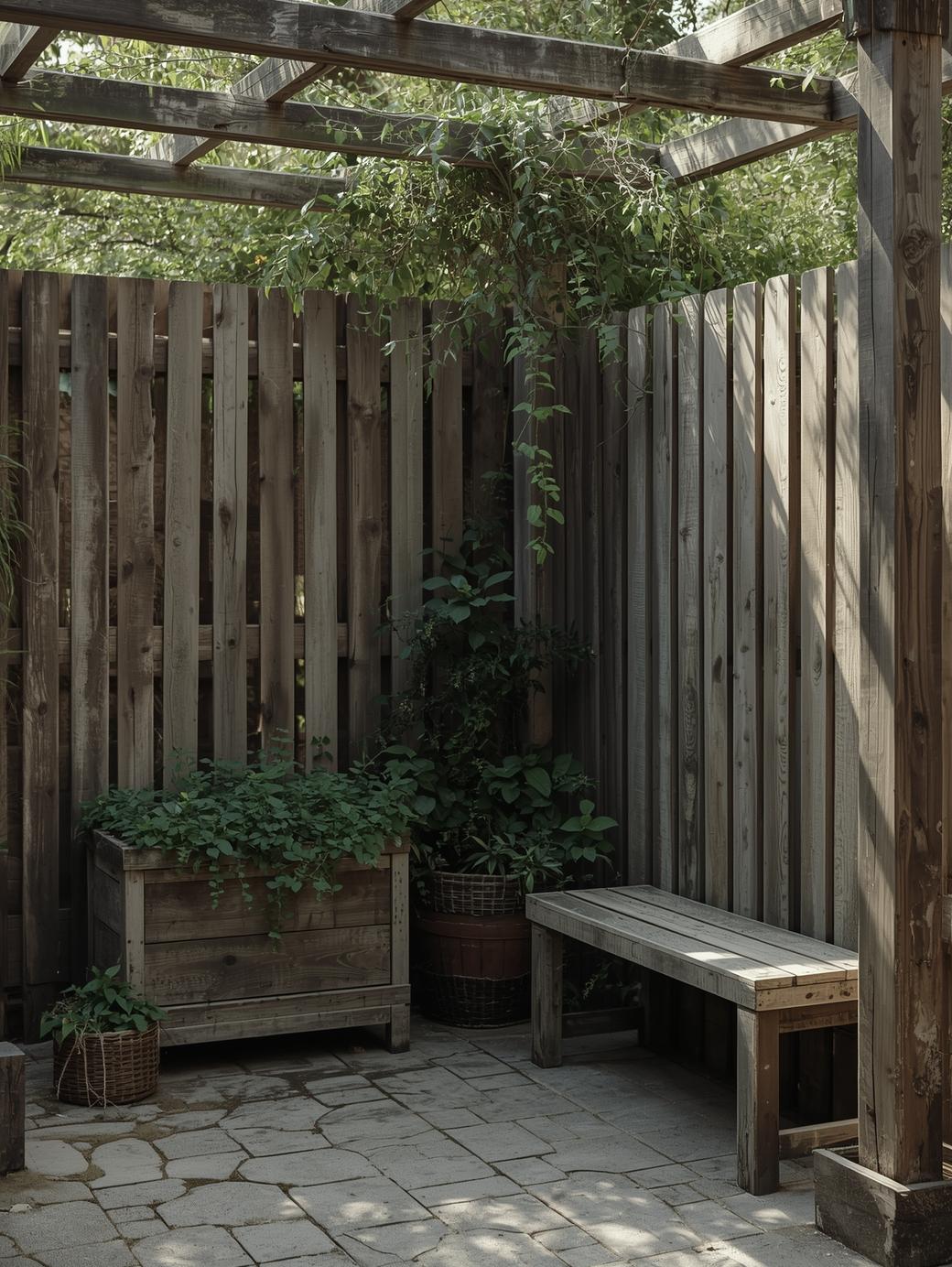Wooden corner bench with plants, green pergola above.