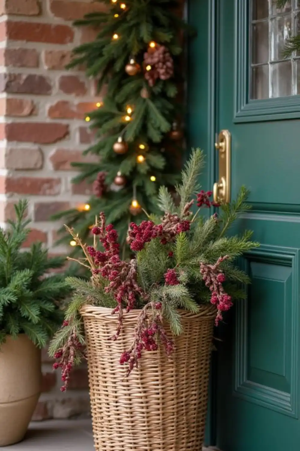 Festive Christmas porch decor with greenery and lights.