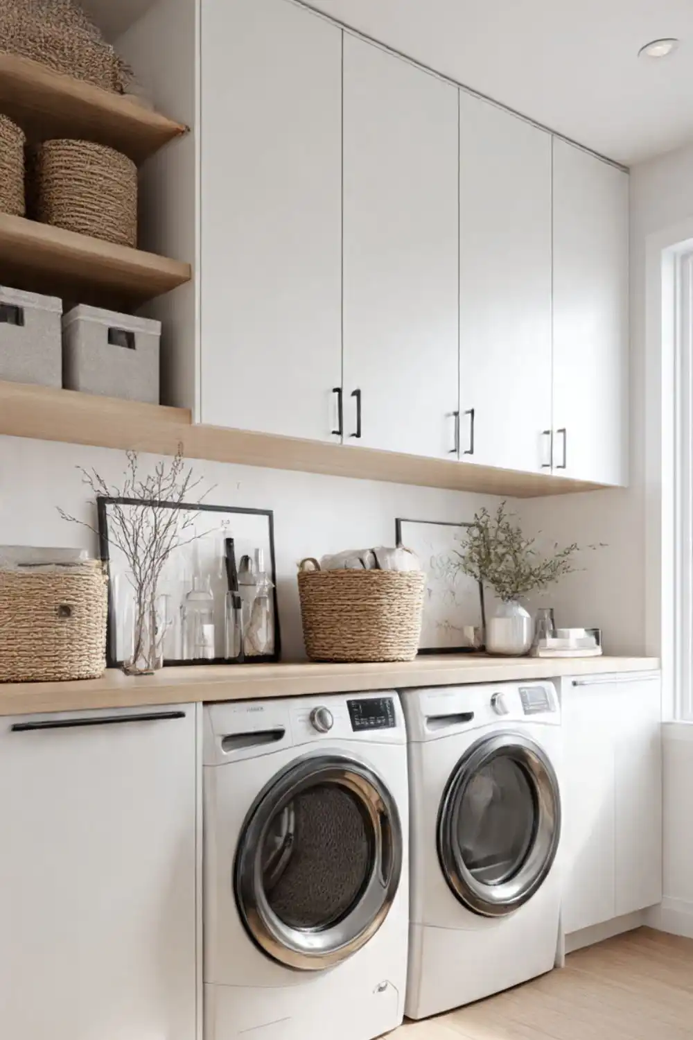 Modern laundry room with washer, dryer, storage baskets.