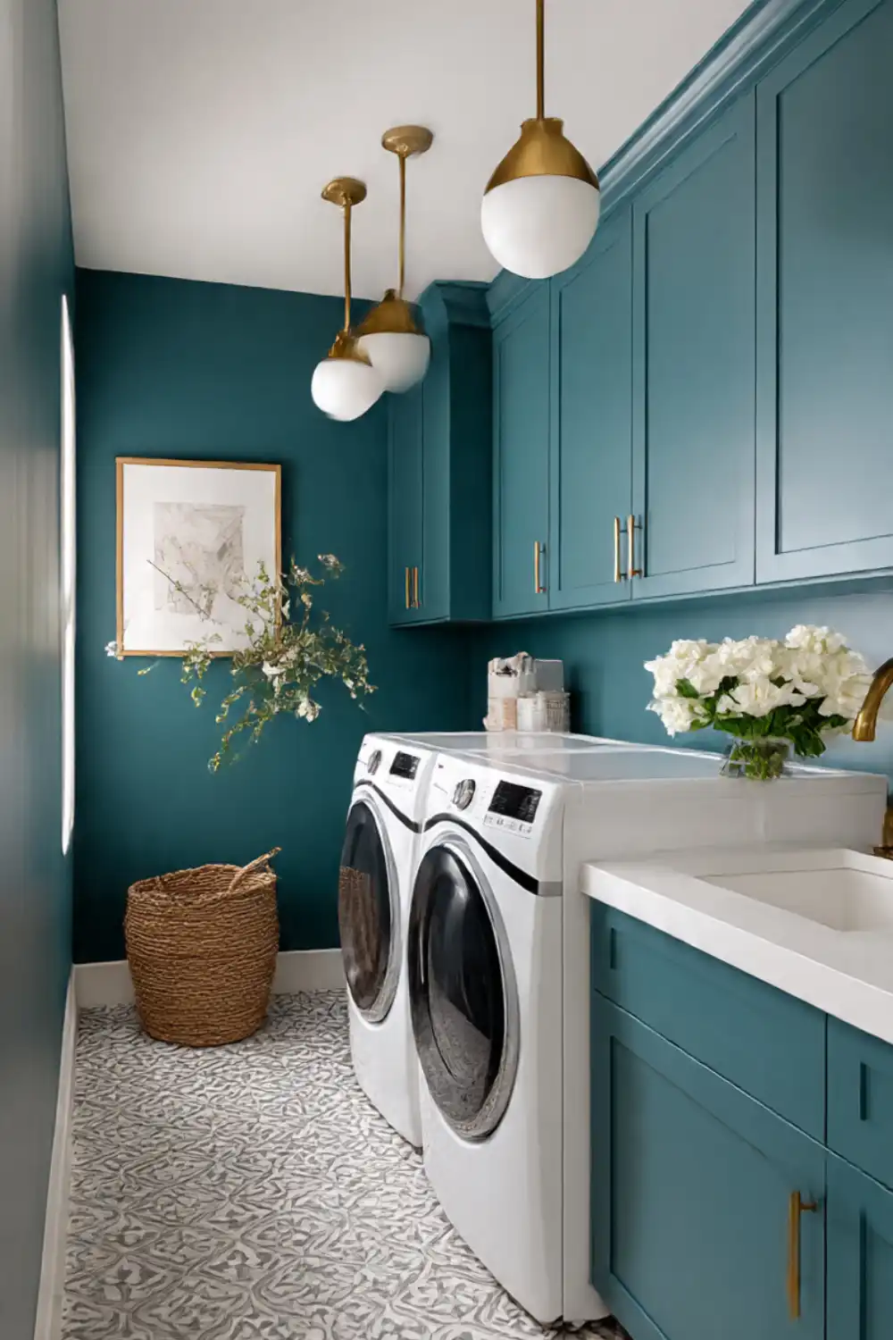 Modern laundry room with teal cabinets and floral decor