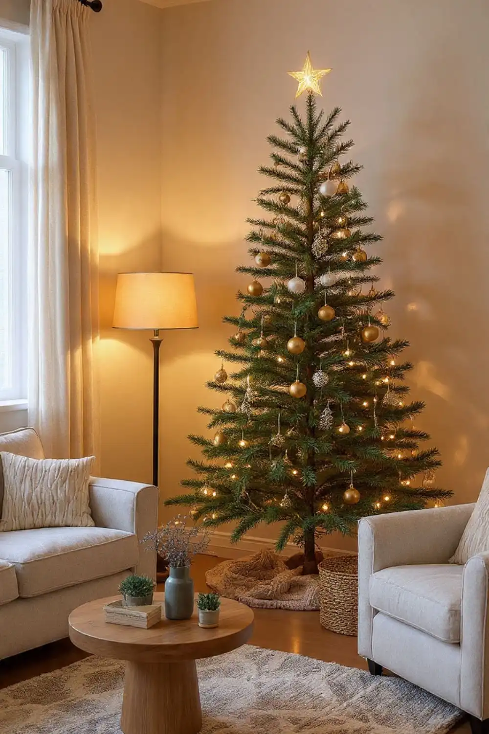 Cozy living room with decorated Christmas tree