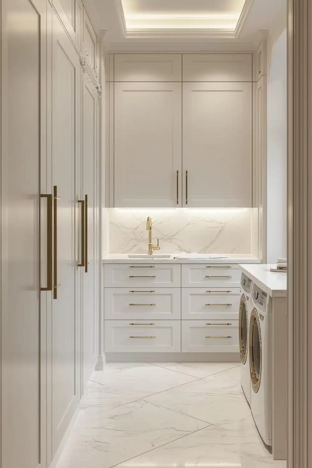 Modern laundry room with white cabinets and washer.