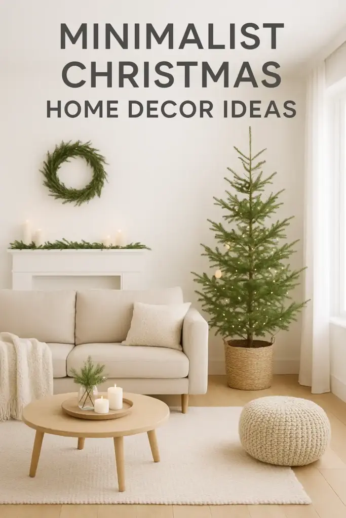 Minimalist Christmas home decor with tree and wreath.