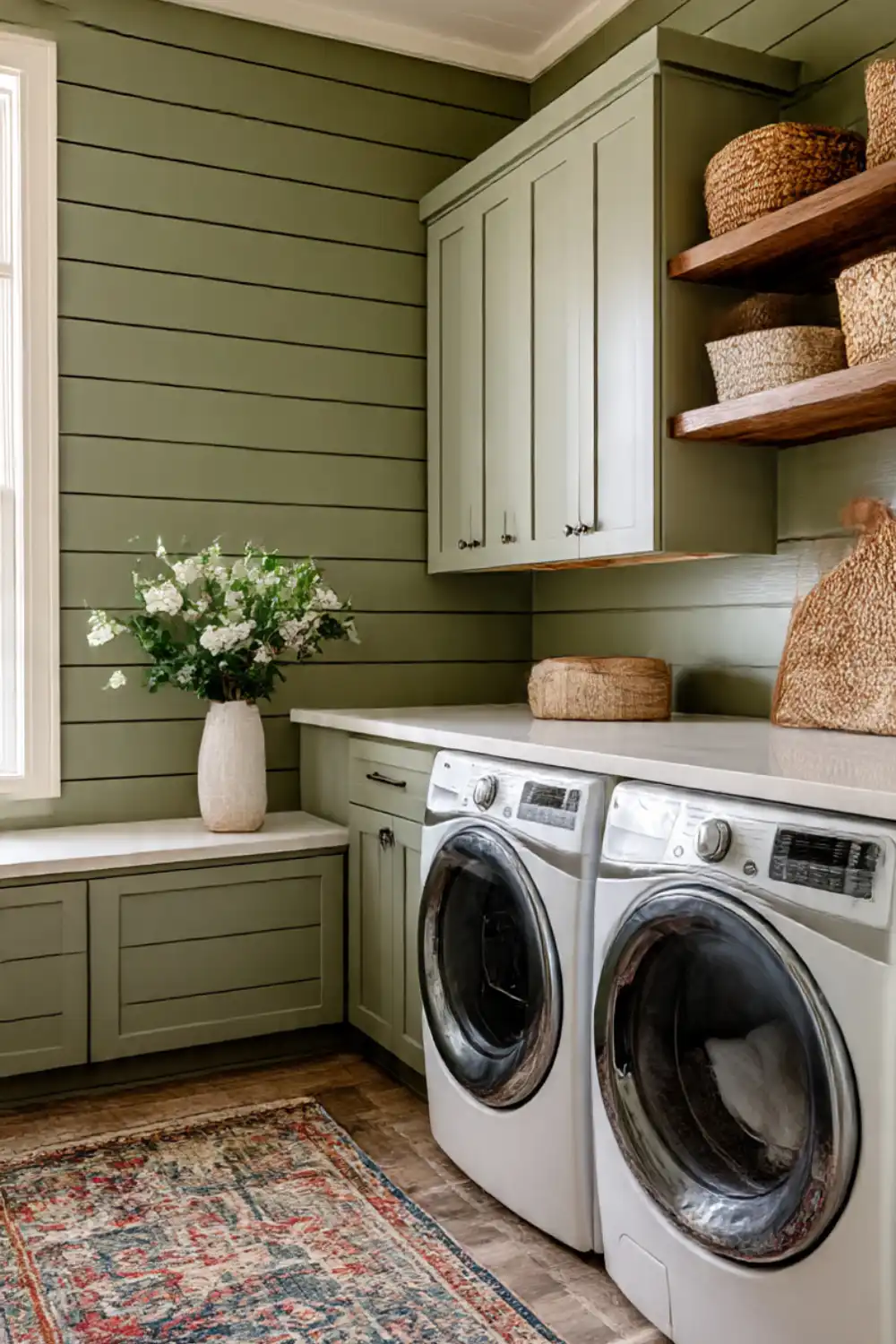 Chic laundry room with green cabinets and floral decor.