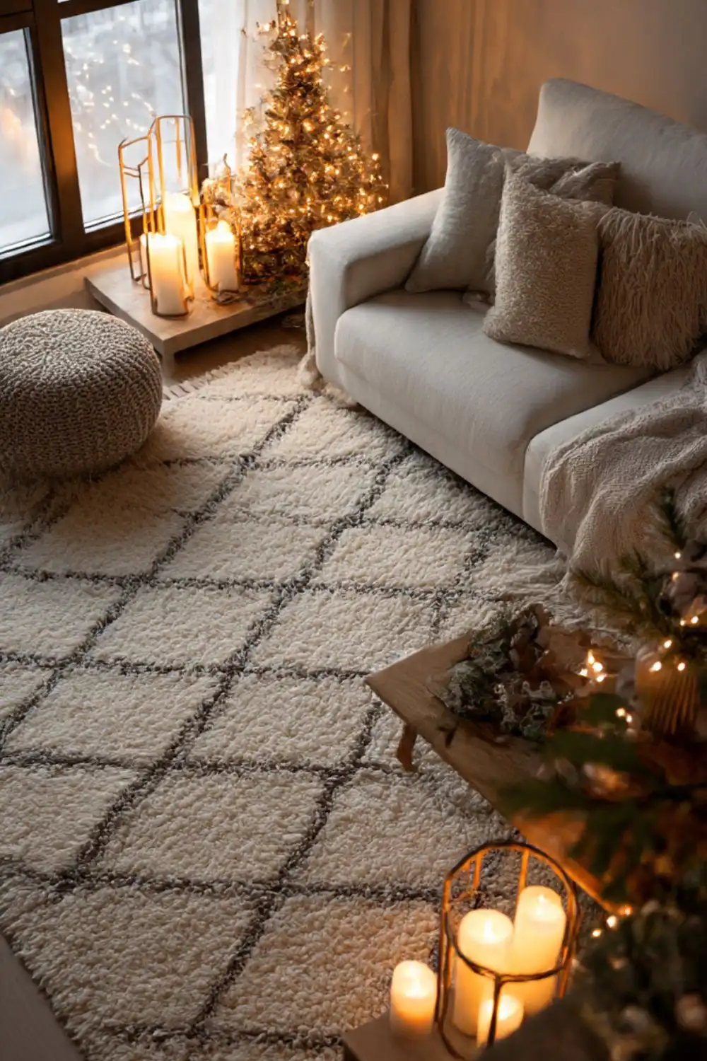 Cozy living room with Christmas tree and candles.