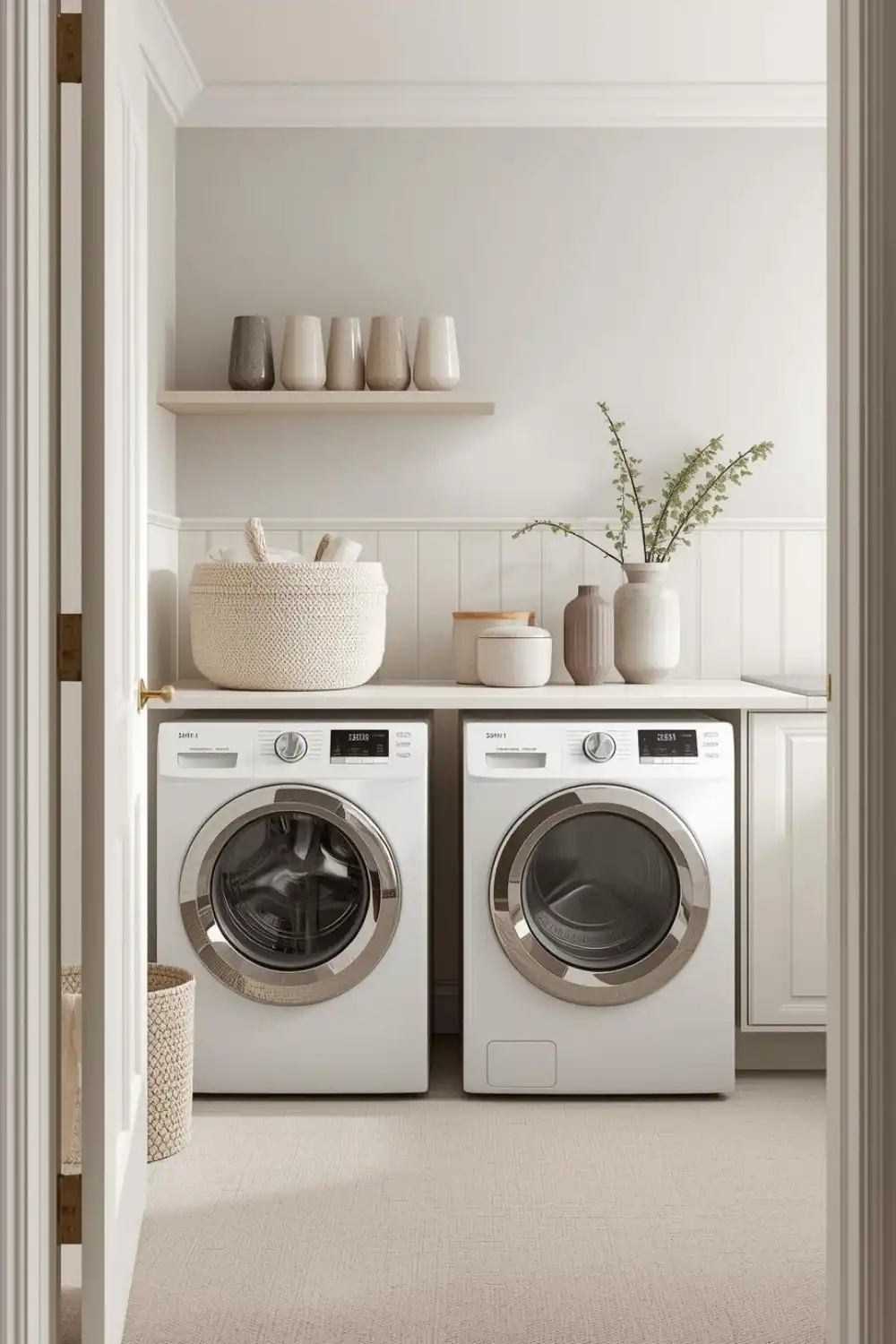 Modern laundry room with washer and dryer.